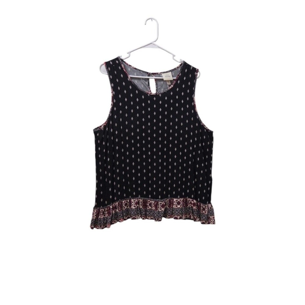Knox Rose XL Boho Sleeveless Ruffle Hem Tank Black Rayon Print Festival Top